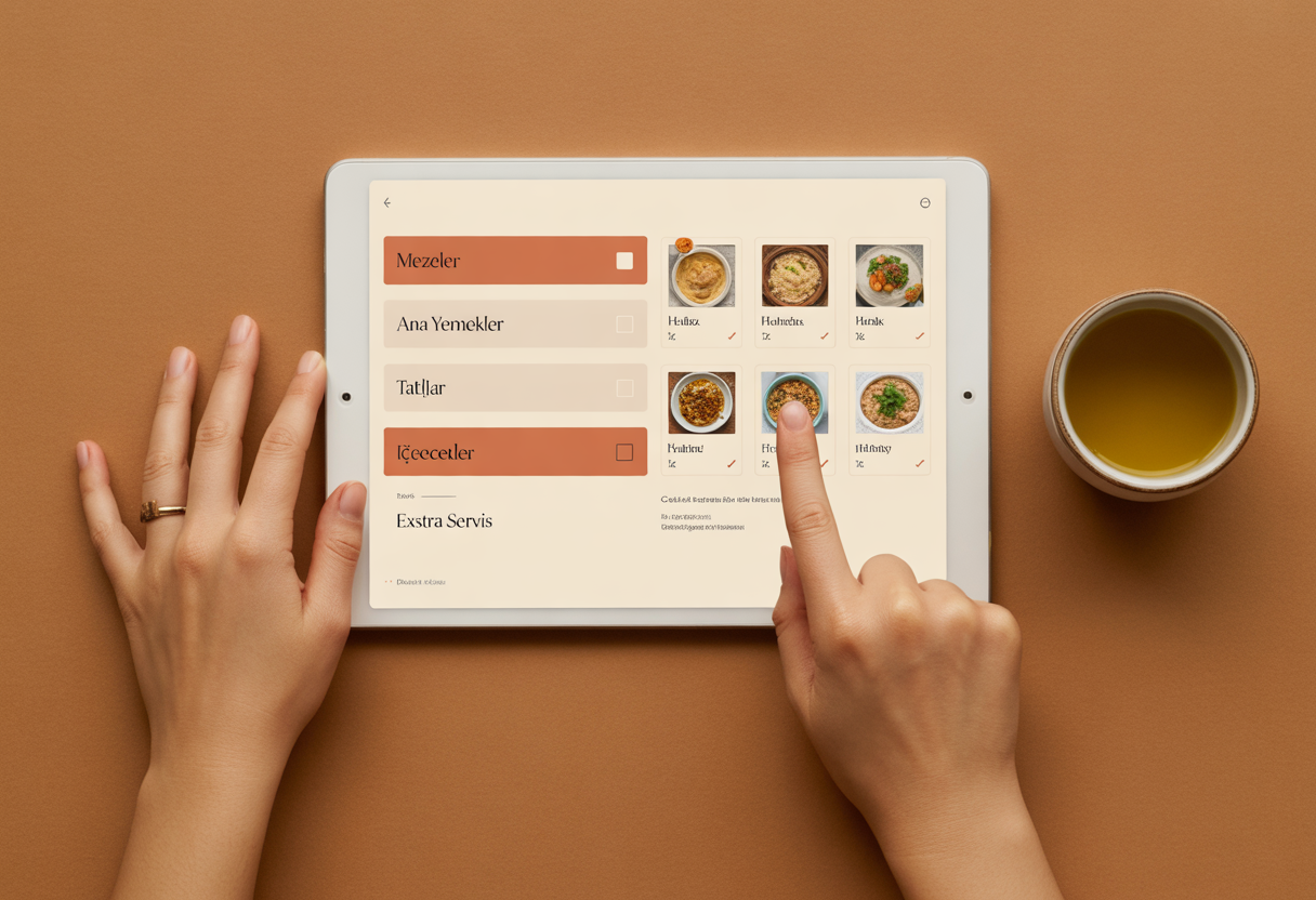 Tablette menü kategorilerinden seçim yapan iki kadın eli üst açıdan