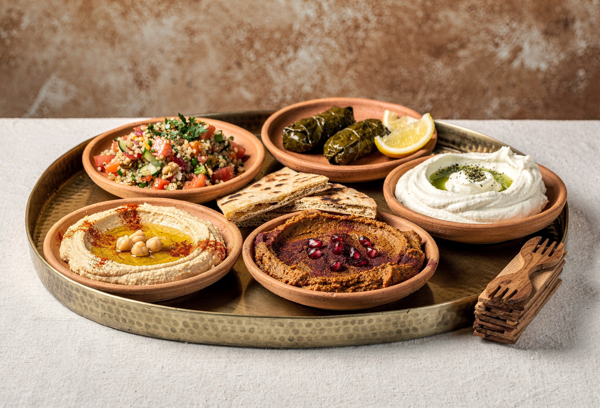 Bakır tepside sıralanmış altı küçük meze tabağı kurumsal toplantı için