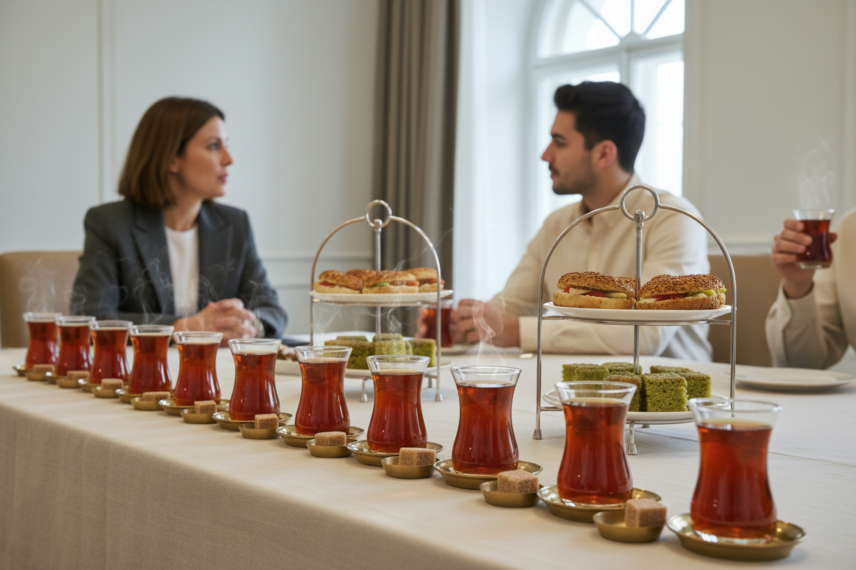 Yıllık toplantı arasında uzun masada sıralanmış ince belli çay bardakları